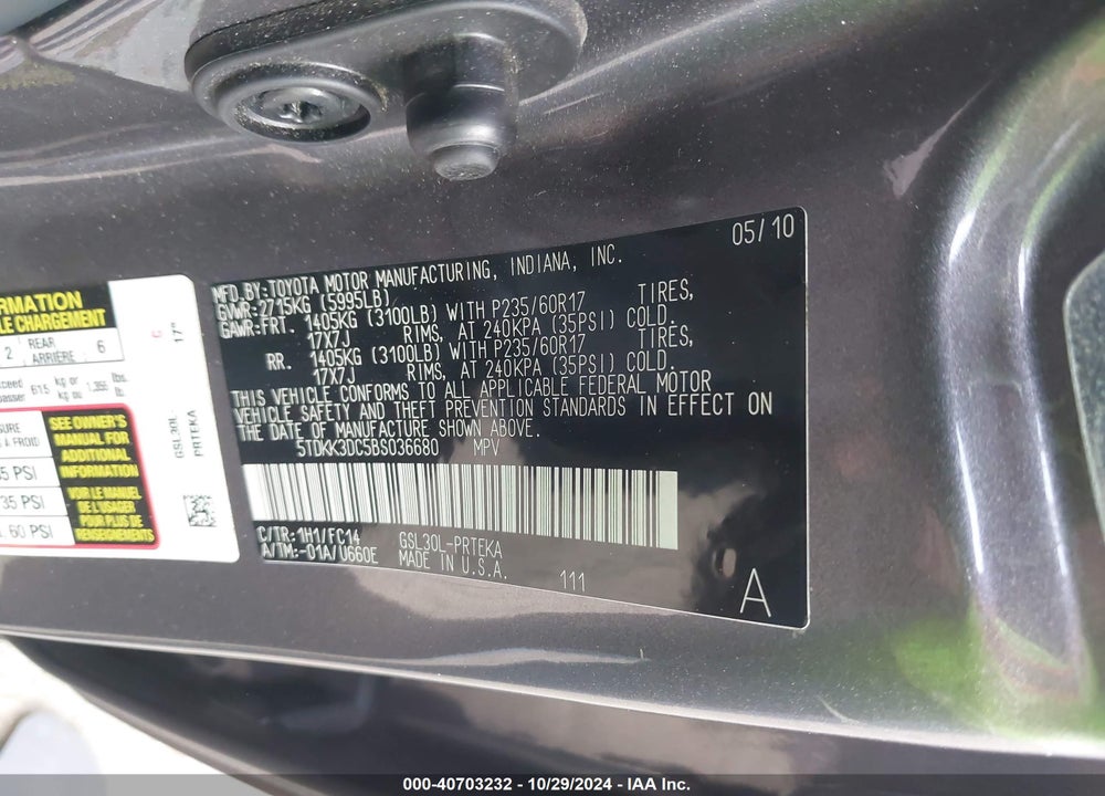 2011 TOYOTA SIENNA LE V6 VIN: 5TDKK3DC5BS036680