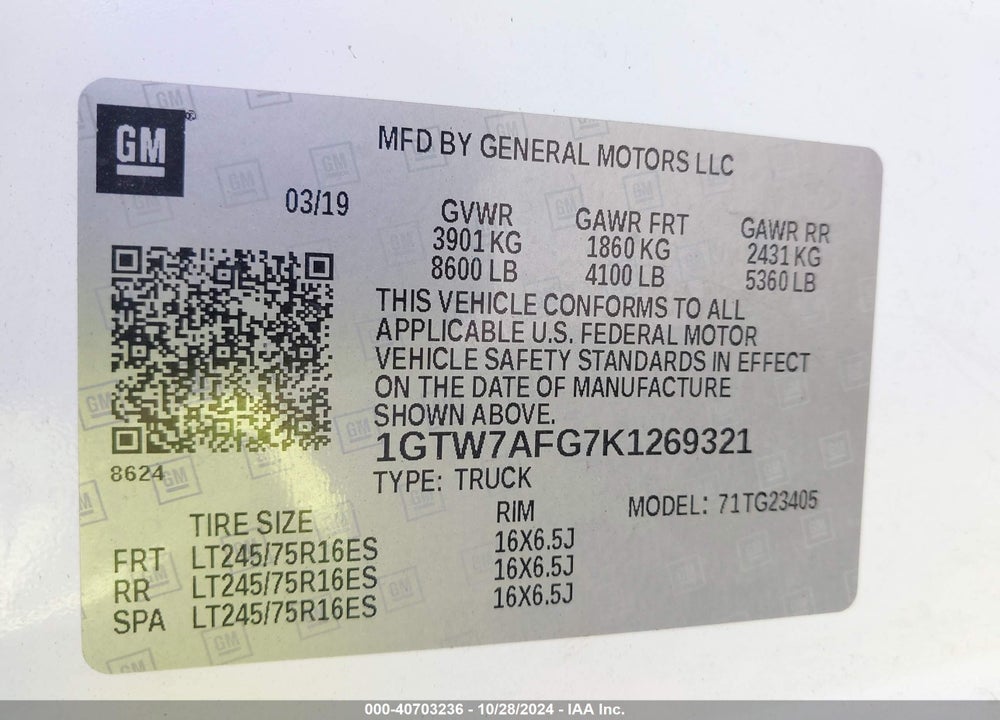 2019 GMC SAVANA 2500 WORK VAN VIN: 1GTW7AFG7K1269321