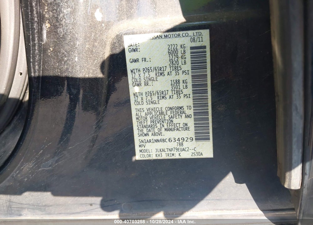 2011 NISSAN PATHFINDER SV VIN: 5N1AR1NN4BC634929
