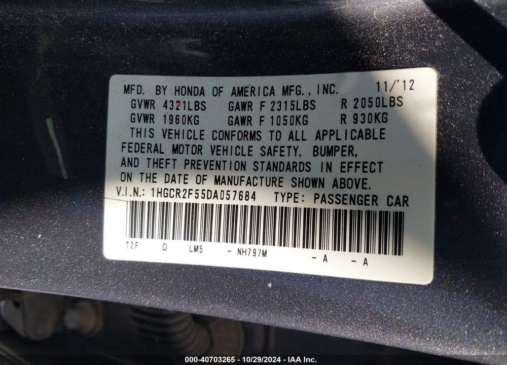 2013 HONDA ACCORD SPORT VIN: 1HGCR2F55DA057684