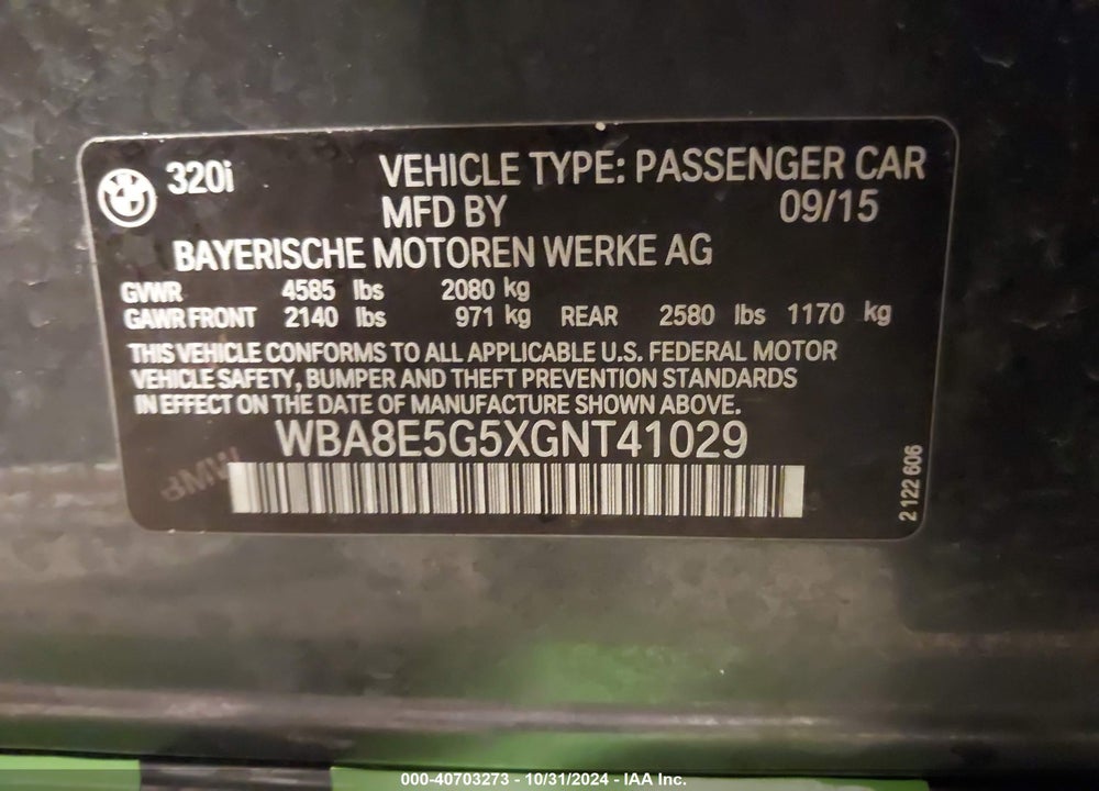 2016 BMW 320I XDRIVE VIN: WBA8E5G5XGNT41029
