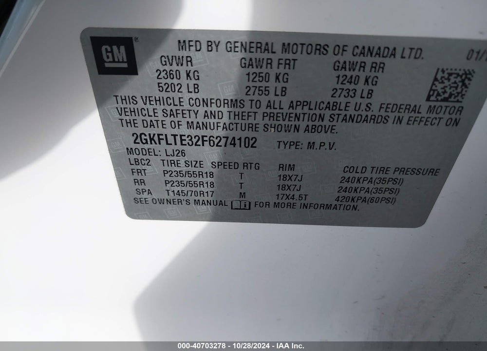 2015 GMC TERRAIN SLT-2 VIN: 2GKFLTE32F6274102