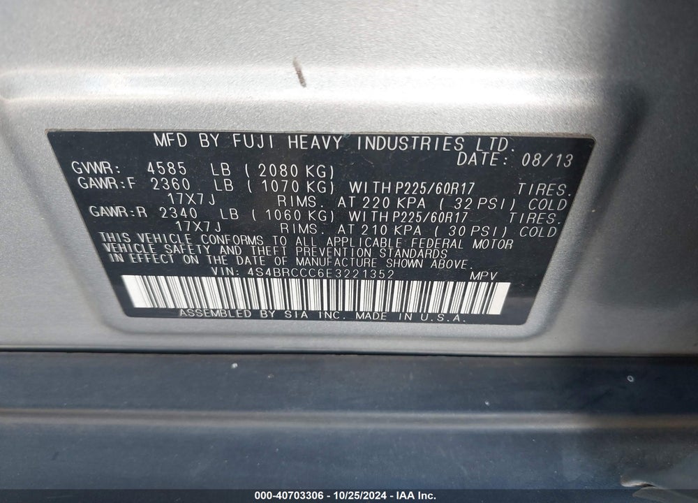 2014 SUBARU OUTBACK 2.5I PREMIUM VIN: 4S4BRCCC6E3221352