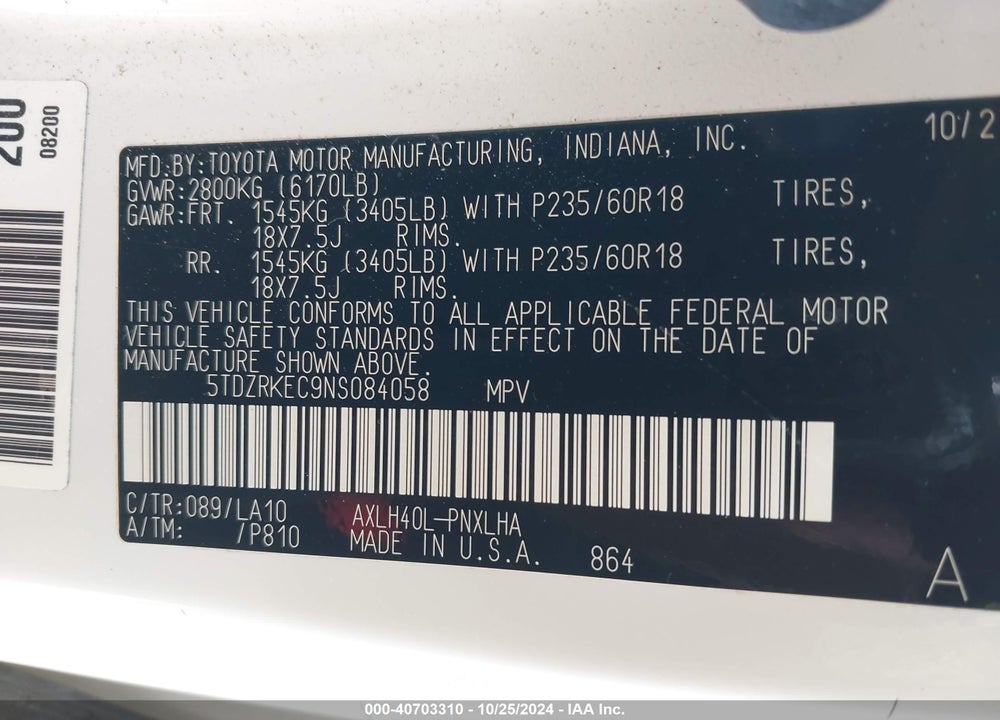 2022 TOYOTA SIENNA LIMITED VIN: 5TDZRKEC9NS084058