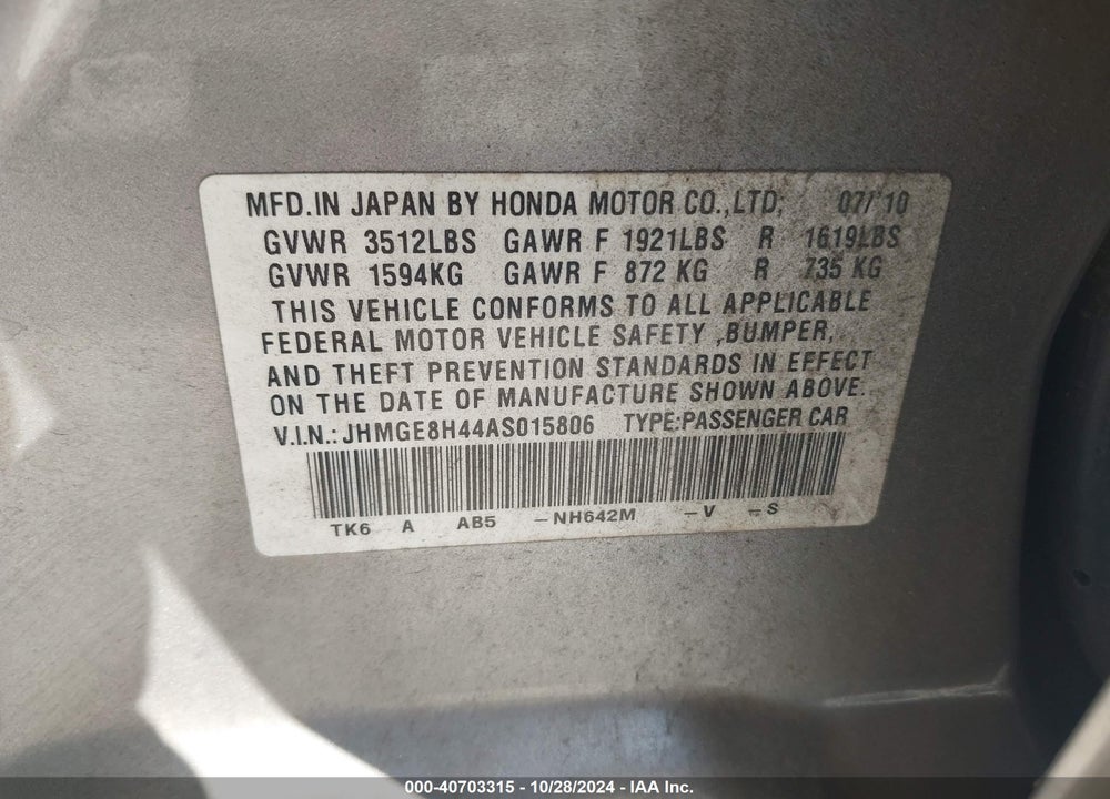 2010 HONDA FIT SPORT VIN: JHMGE8H44AS015806