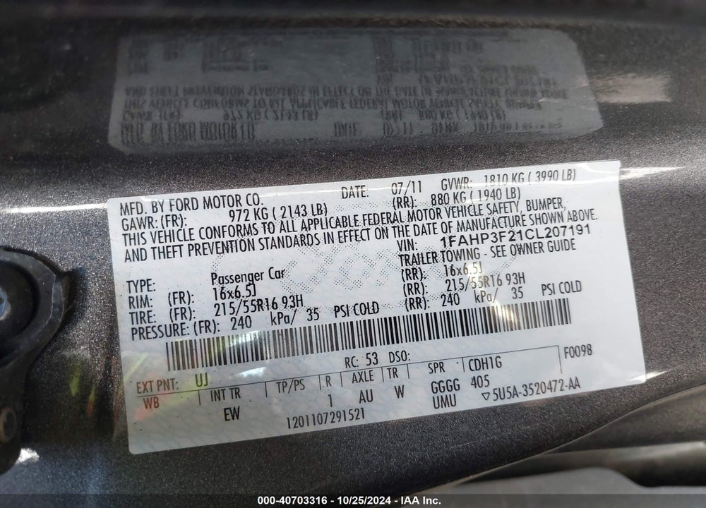 2012 FORD FOCUS SE VIN: 1FAHP3F21CL207191