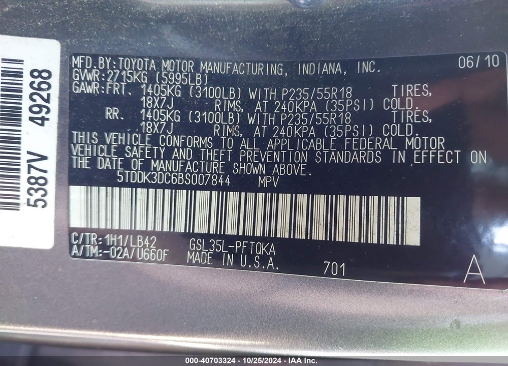2011 TOYOTA SIENNA XLE LIMITED VIN: 5TDDK3DC6BS007844