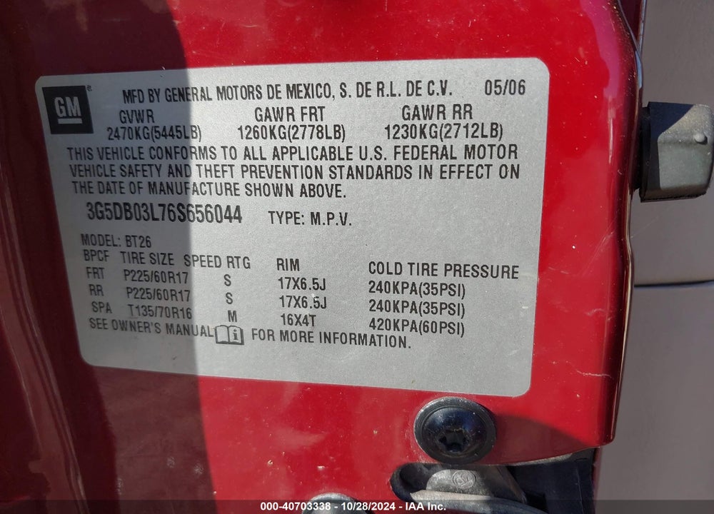 2006 BUICK RENDEZVOUS CX VIN: 3G5DB03L76S656044