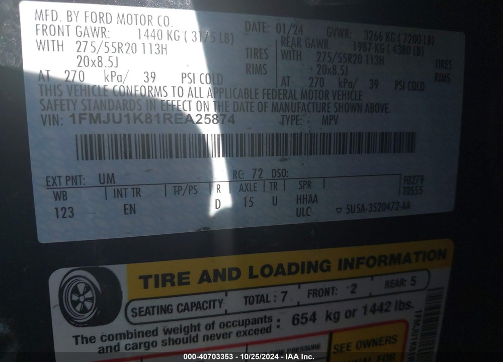 2024 FORD EXPEDITION LIMITED VIN: 1FMJU1K81REA25874