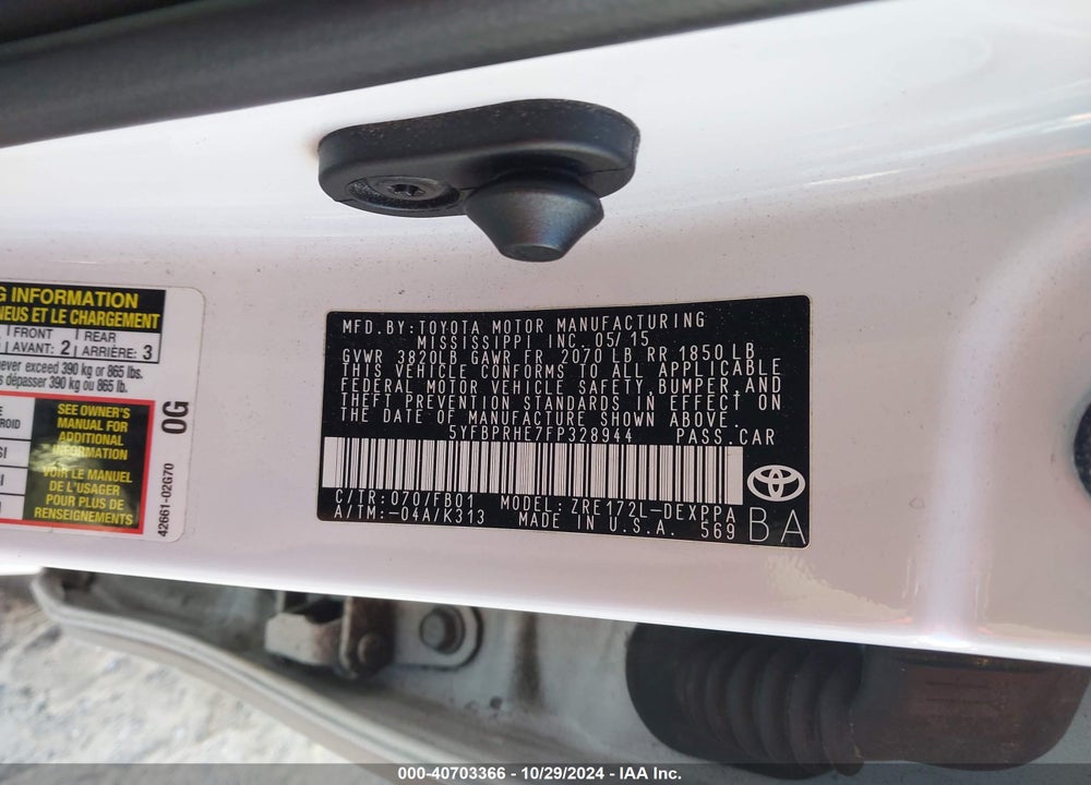 2015 TOYOTA COROLLA ECO/ECO PLUS/ECO PREMIUM VIN: 5YFBPRHE7FP328944