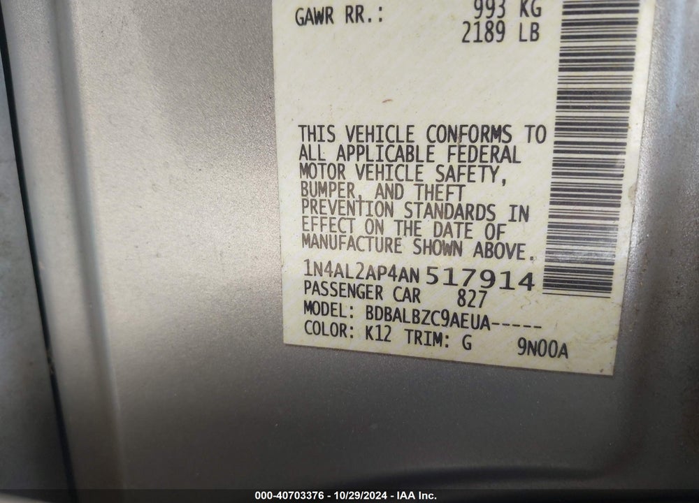 2010 NISSAN ALTIMA 2.5 S VIN: 1N4AL2AP4AN517914