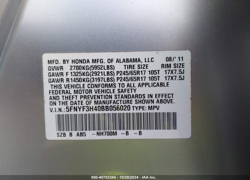 2011 HONDA PILOT EX VIN: 5FNYF3H40BB056020