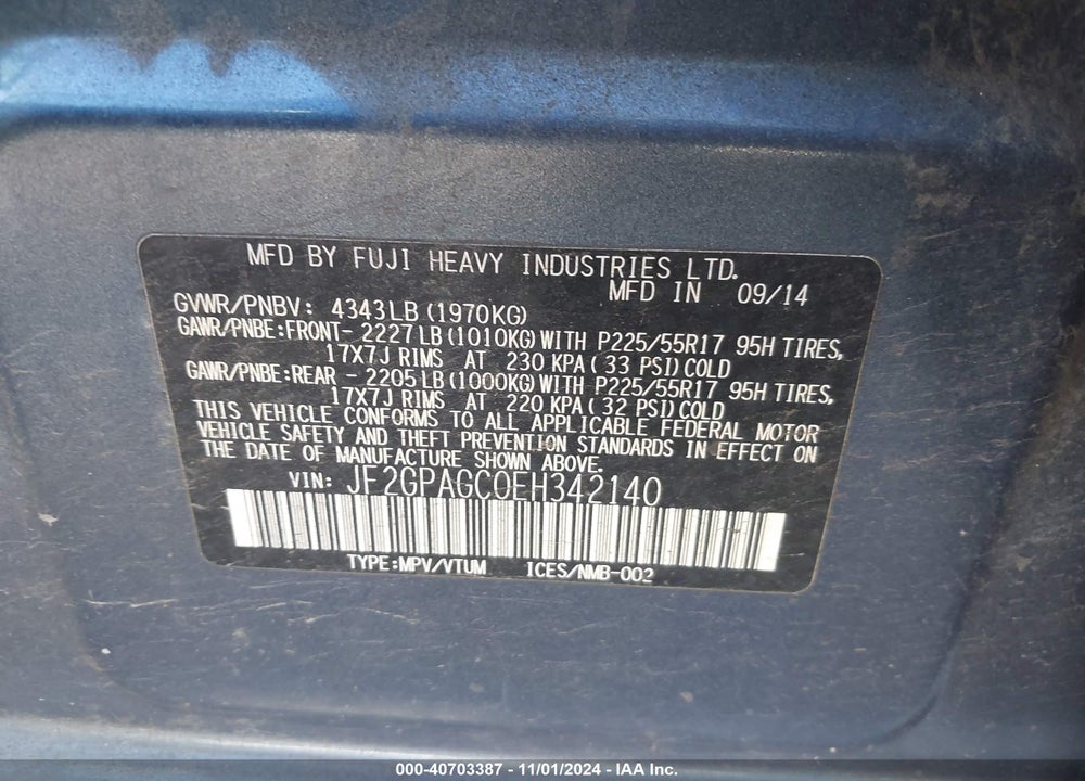 2014 SUBARU XV CROSSTREK 2.0I LIMITED VIN: JF2GPAGC0EH342140