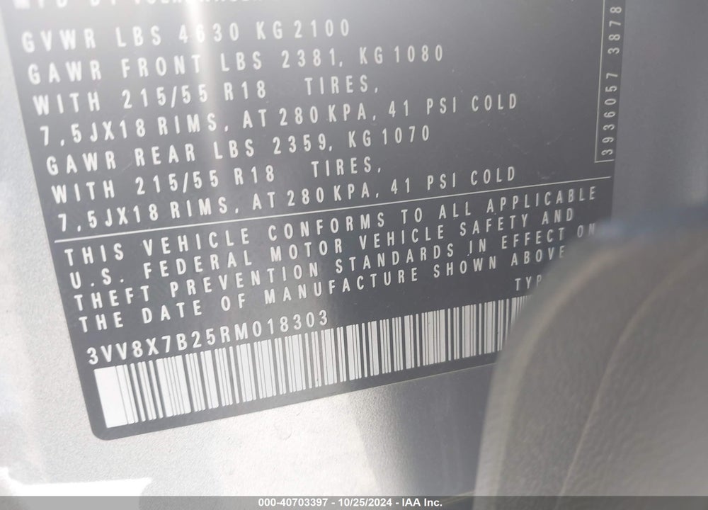 2024 VOLKSWAGEN TAOS 1.5T S VIN: 3VV8X7B25RM018303