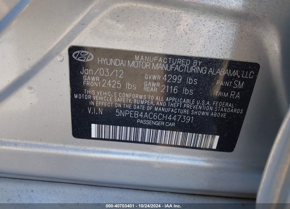 2012 HYUNDAI SONATA GLS VIN: 5NPEB4AC6CH447391