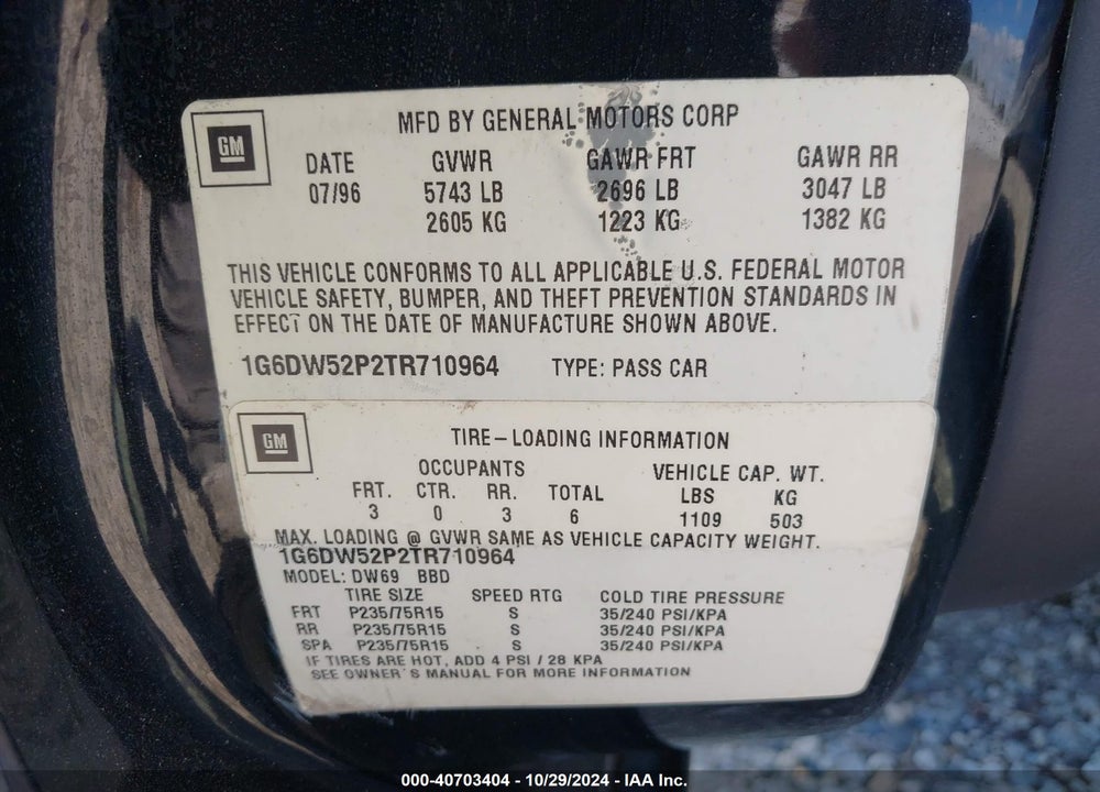 1996 CADILLAC FLEETWOOD BROUGHAM VIN: 1G6DW52P2TR710964