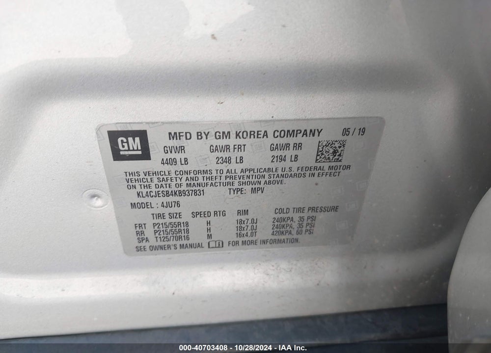 2019 BUICK ENCORE AWD PREFERRED VIN: KL4CJESB4KB937831