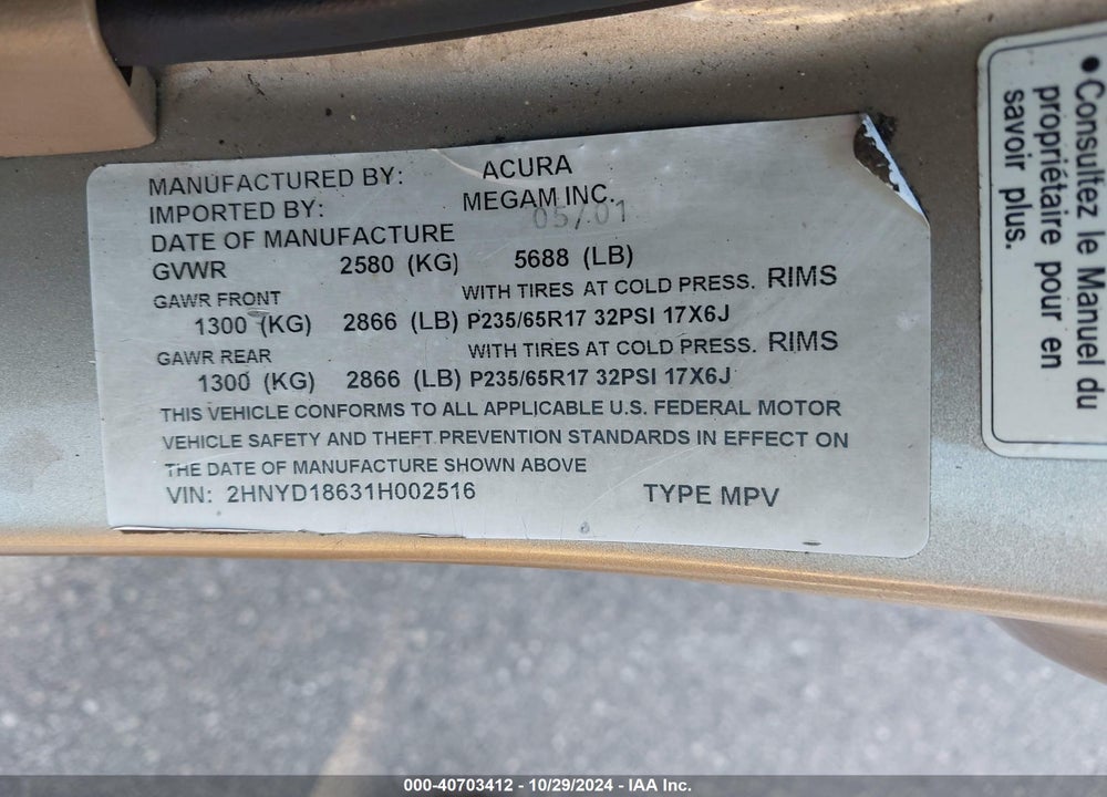 2001 ACURA MDX VIN: 2HNYD18631H002516