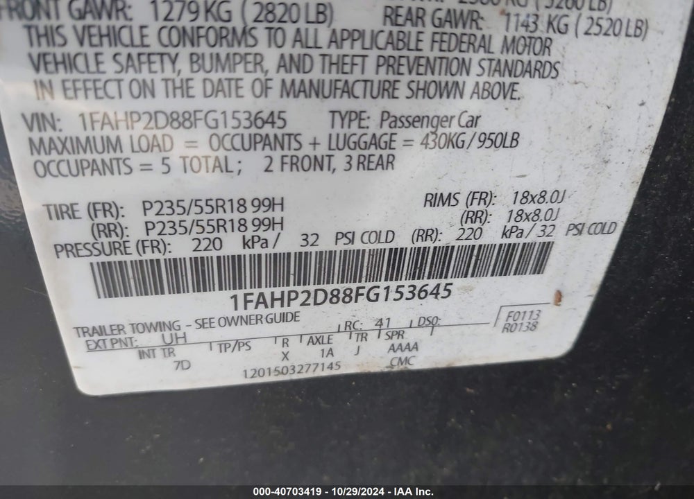 2015 FORD TAURUS SE VIN: 1FAHP2D88FG153645