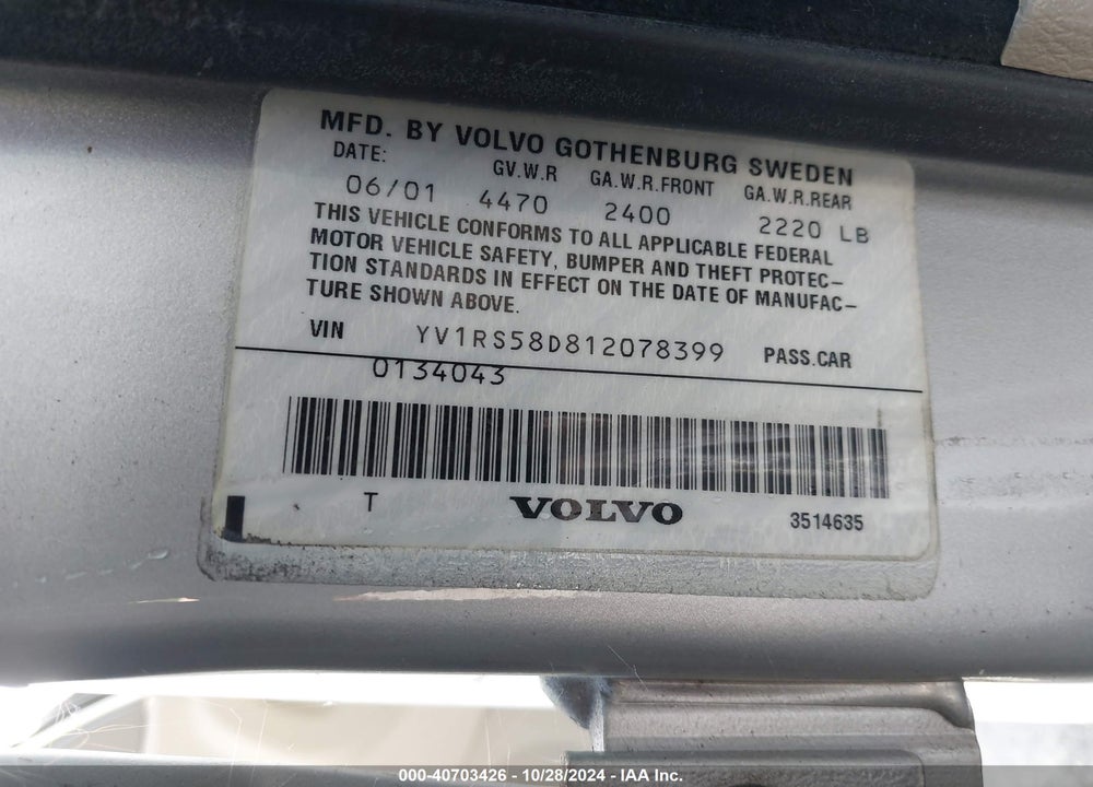 2001 VOLVO S60 2.4T VIN: YV1RS58D812078399