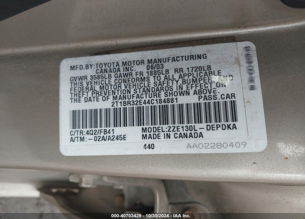 2004 TOYOTA COROLLA CE VIN: 2T1BR32E44C184881