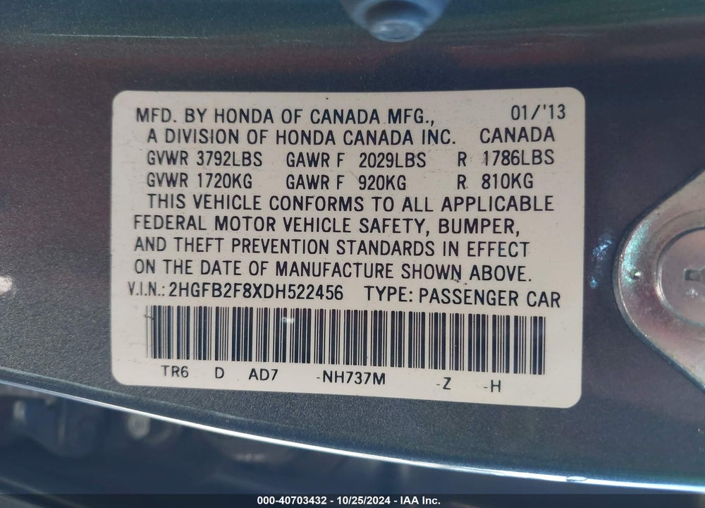 2013 HONDA CIVIC EX VIN: 2HGFB2F8XDH522456