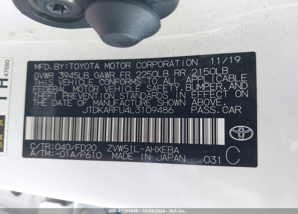 2020 TOYOTA PRIUS LE VIN: JTDKARFU4L3109486