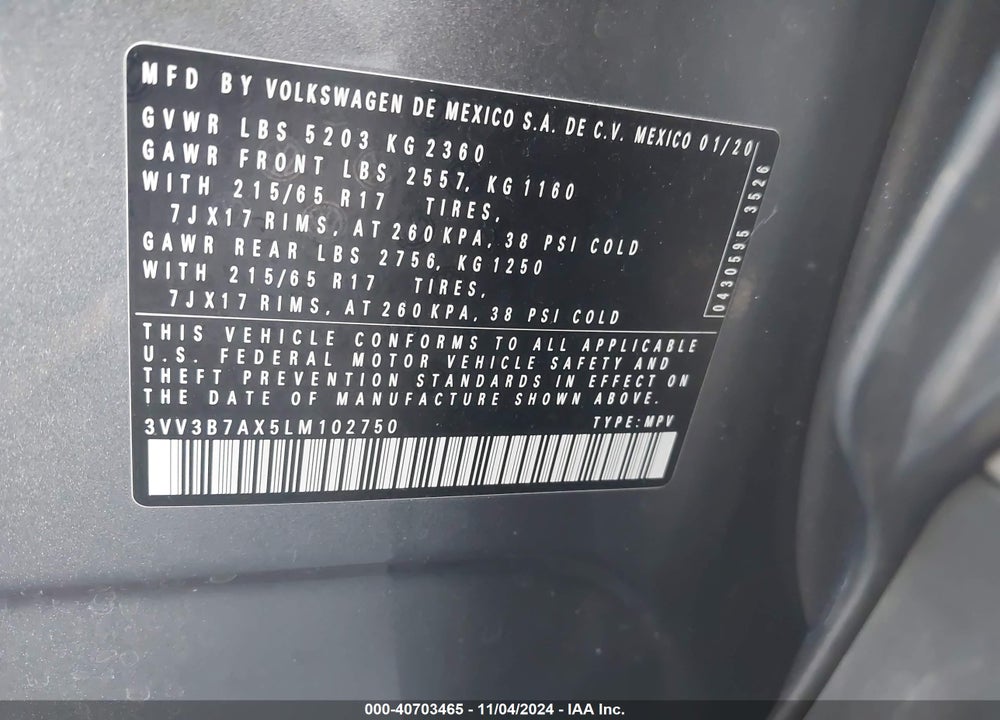 2020 VOLKSWAGEN TIGUAN 2.0T SE/2.0T SE R-LINE BLACK/2.0T SEL VIN: 3VV3B7AX5LM102750