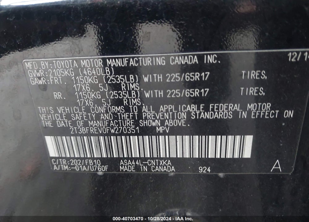 2015 TOYOTA RAV4 LE VIN: 2T3BFREV0FW270351