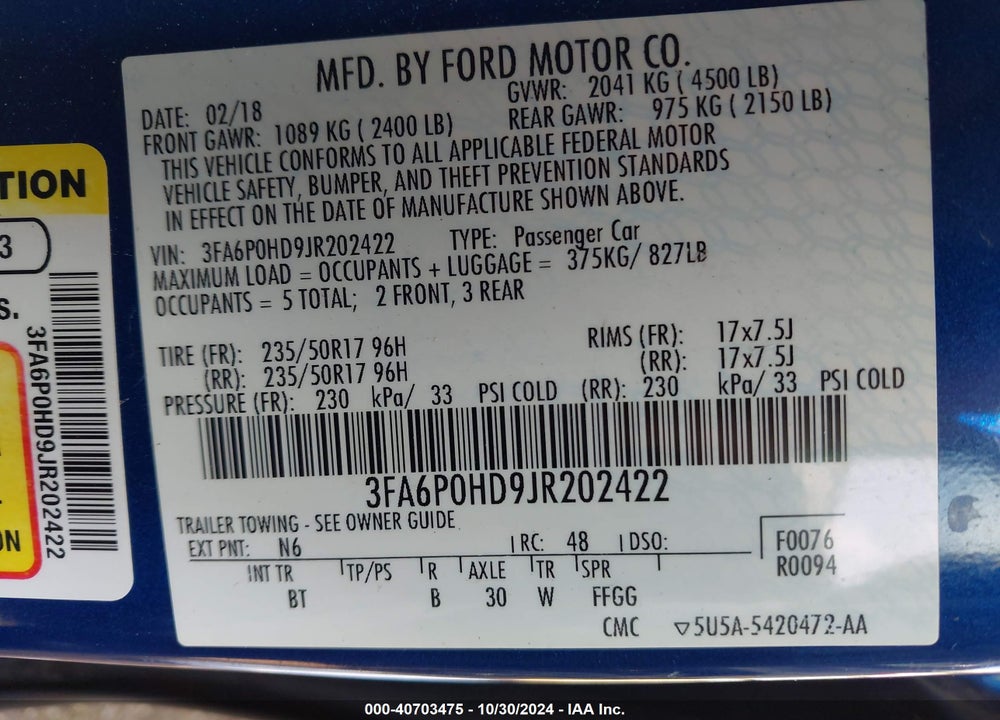 2018 FORD FUSION SE VIN: 3FA6P0HD9JR202422