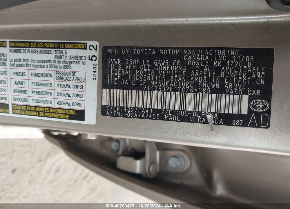 2007 TOYOTA COROLLA CE VIN: 2T1BR32E17C764089