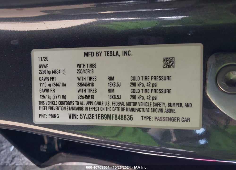 2021 TESLA MODEL 3 LONG RANGE DUAL MOTOR ALL-WHEEL DRIVE VIN: 5YJ3E1EB9MF848836
