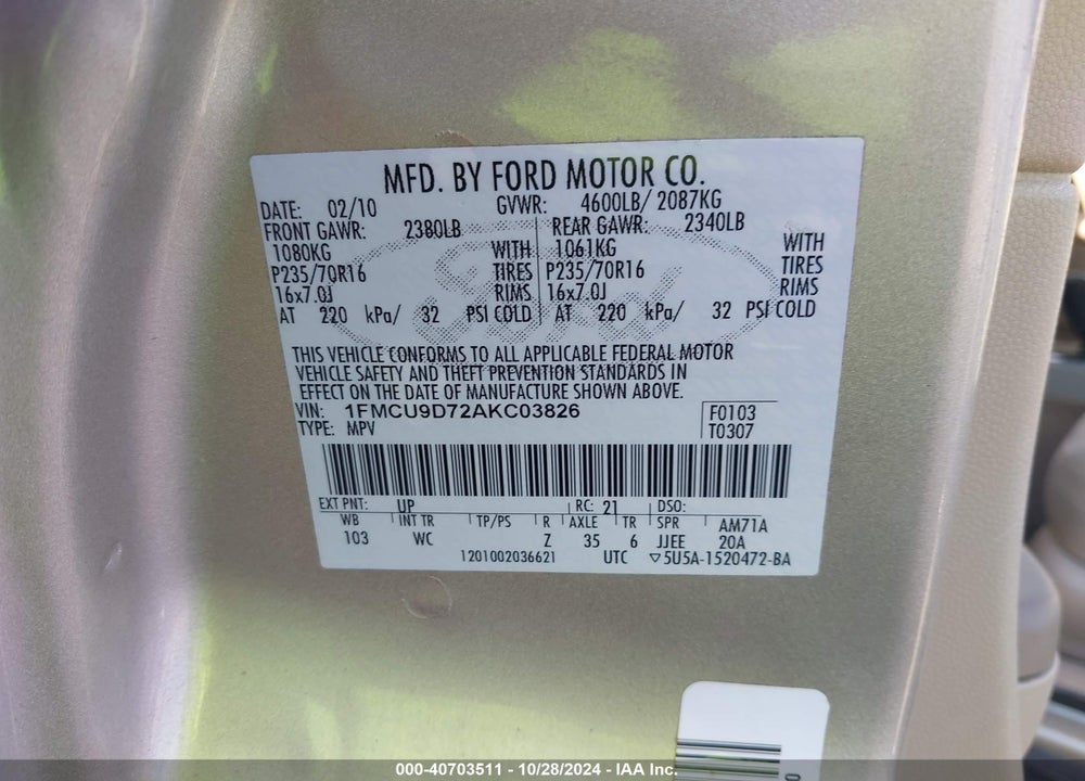 2010 FORD ESCAPE XLT VIN: 1FMCU9D72AKC03826