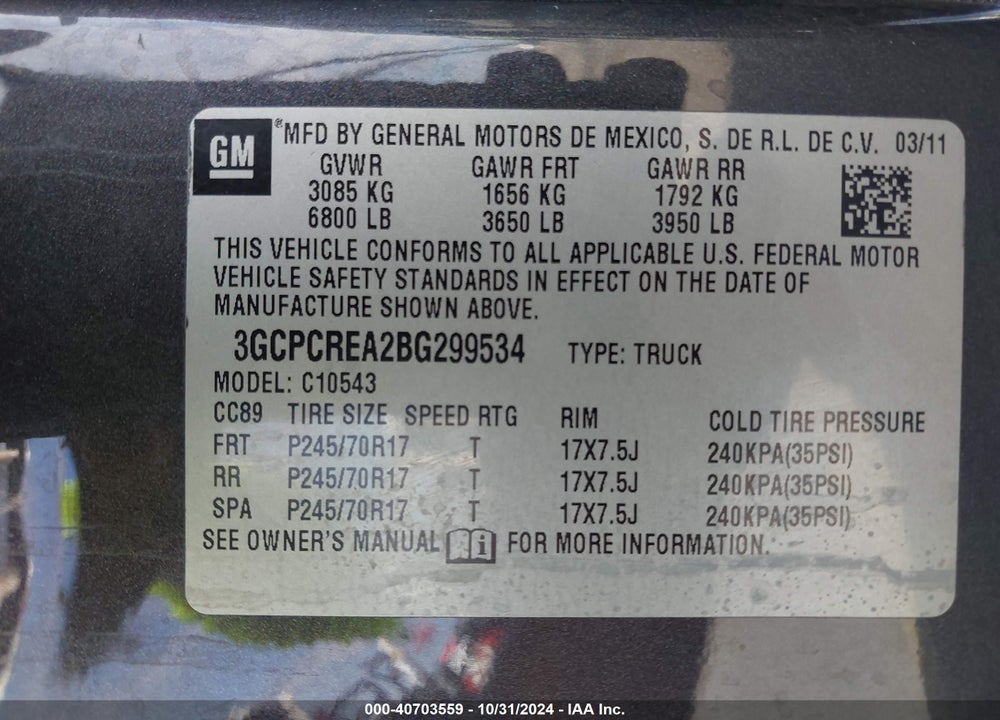 2011 CHEVROLET SILVERADO 1500 LS VIN: 3GCPCREA2BG299534