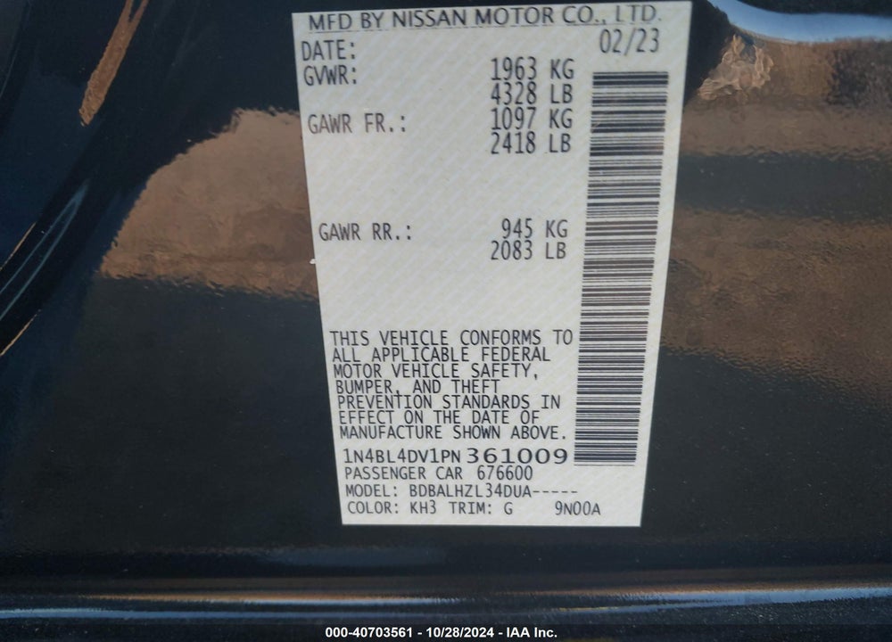 2023 NISSAN ALTIMA SV FWD VIN: 1N4BL4DV1PN361009