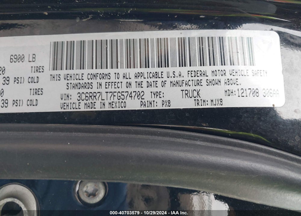 2015 RAM 1500 BIG HORN VIN: 3C6RR7LT7FG574702