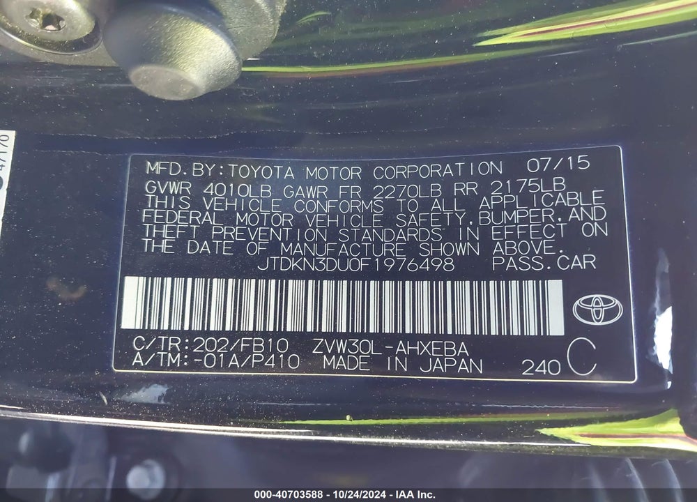 2015 TOYOTA PRIUS VIN: JTDKN3DU0F1976498