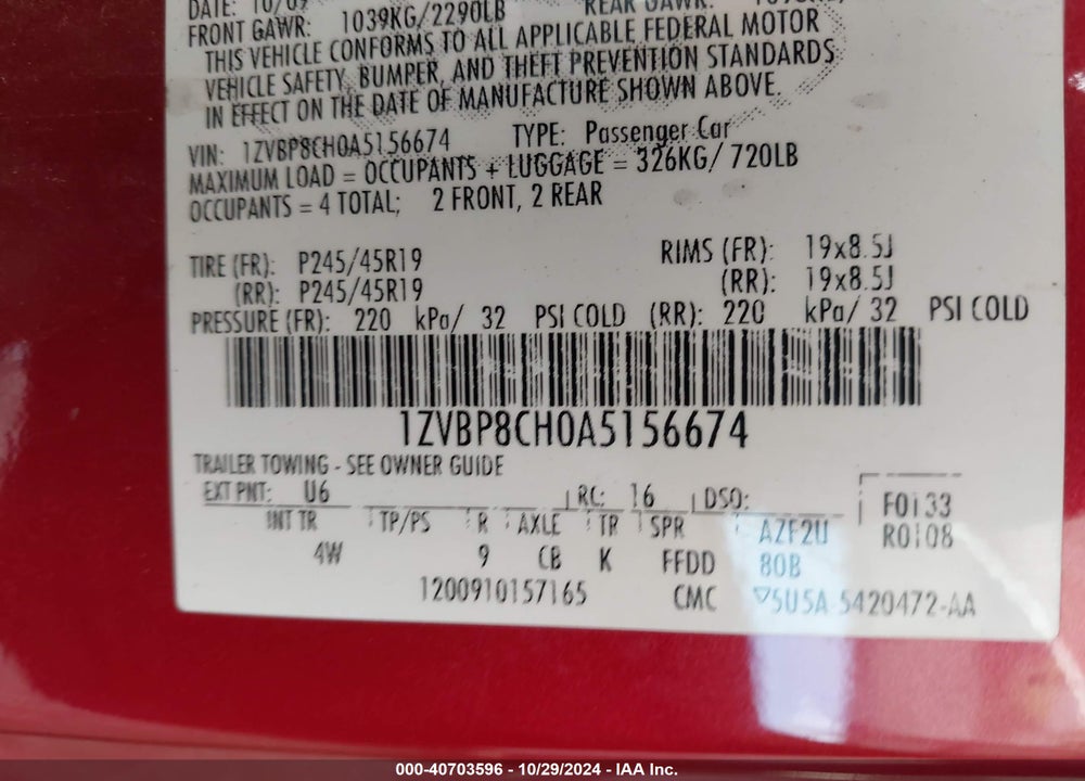 2010 FORD MUSTANG GT/GT PREMIUM VIN: 1ZVBP8CH0A5156674