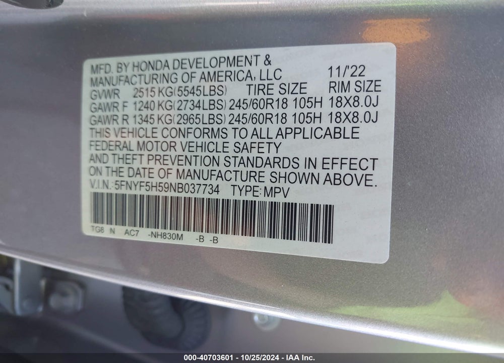2022 HONDA PILOT EXL VIN: 5FNYF5H59NB037734