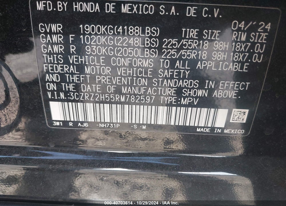 2024 HONDA HR-V AWD SPORT/AWD SPORT W/O BSI VIN: 3CZRZ2H55RM782597