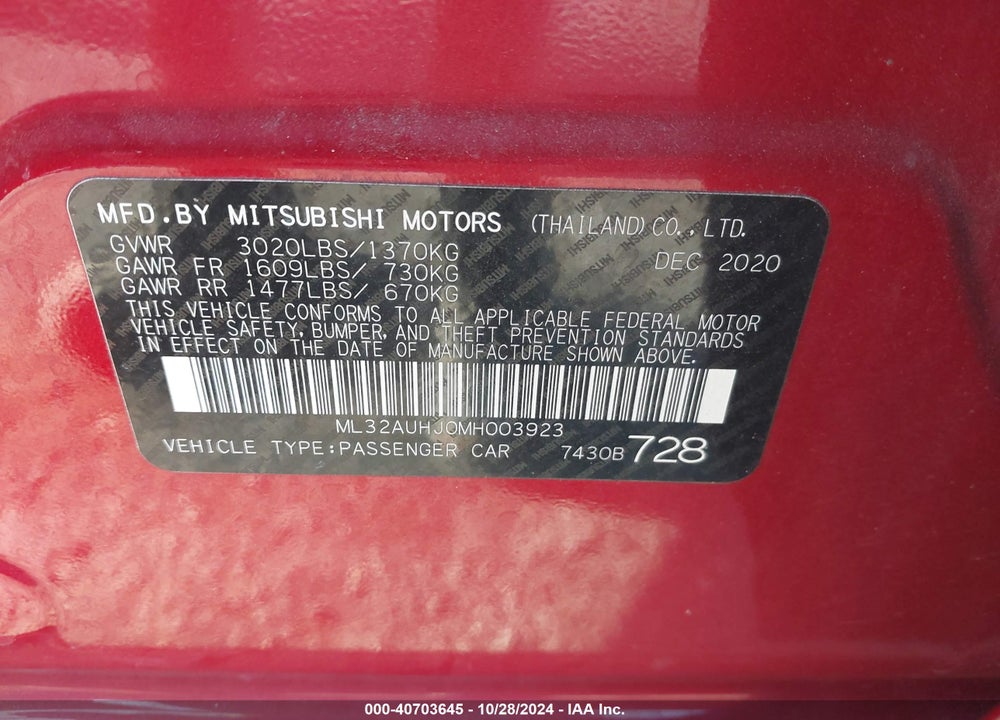 2021 MITSUBISHI MIRAGE ES/LE/CARBONITE EDITION VIN: ML32AUHJ0MH003923