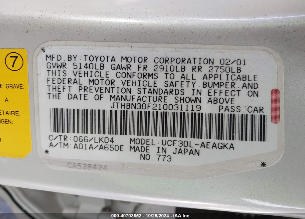 2001 LEXUS LS 430 VIN: JTHBN30F210031119