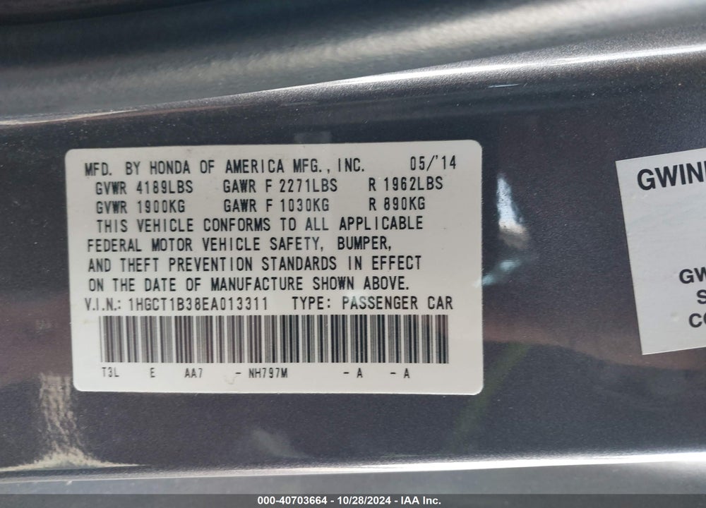 2014 HONDA ACCORD LX-S VIN: 1HGCT1B38EA013311