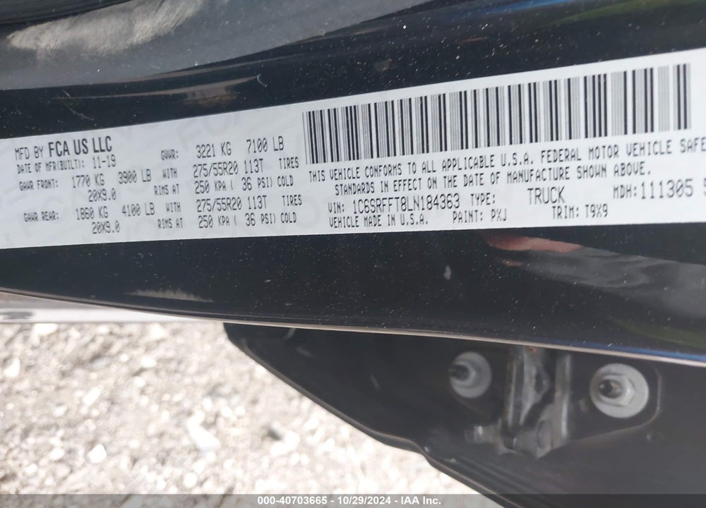 2020 RAM 1500 BIG HORN 4X4 5'7 BOX VIN: 1C6SRFFT8LN184363