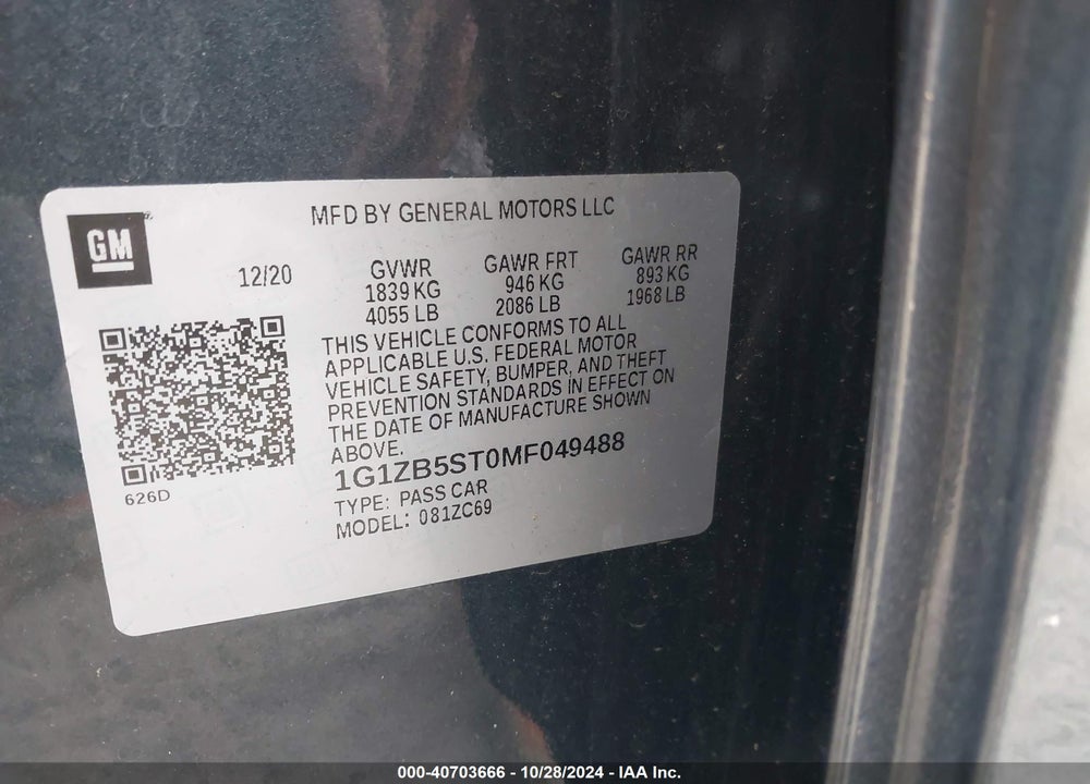 2021 CHEVROLET MALIBU FWD LS VIN: 1G1ZB5ST0MF049488