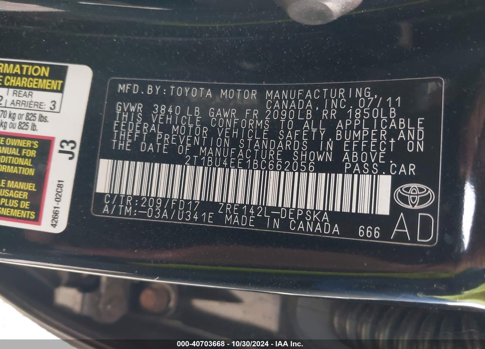 2011 TOYOTA COROLLA S VIN: 2T1BU4EE1BC662056