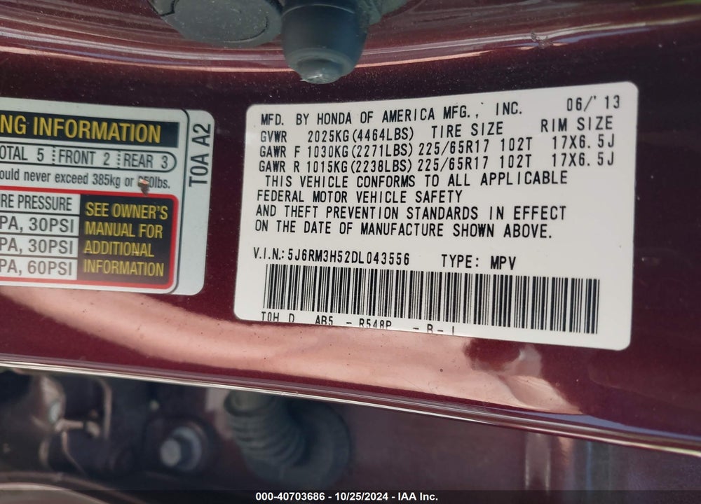 2013 HONDA CR-V EX VIN: 5J6RM3H52DL043556