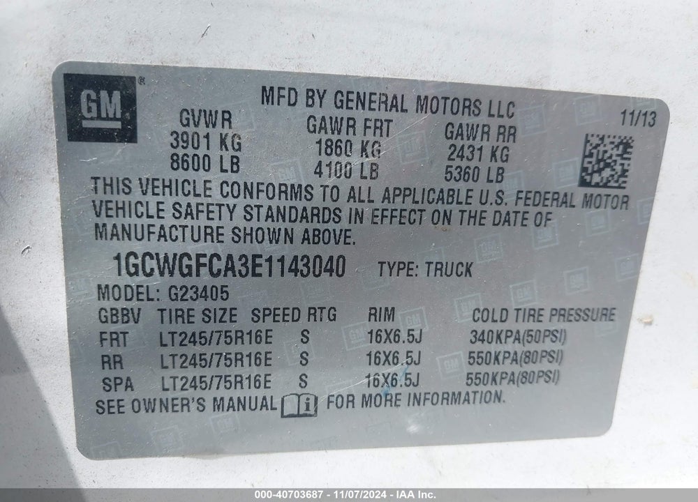 2014 CHEVROLET EXPRESS 2500 WORK VAN VIN: 1GCWGFCA3E1143040