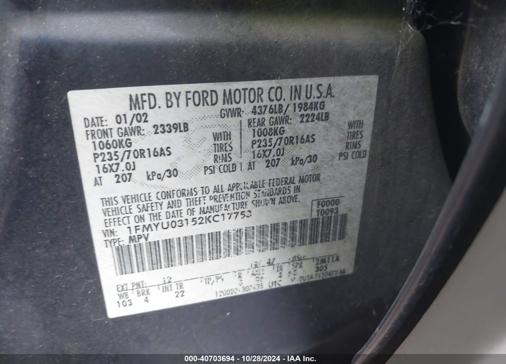 2002 FORD ESCAPE XLT VIN: 1FMYU03152KC17753