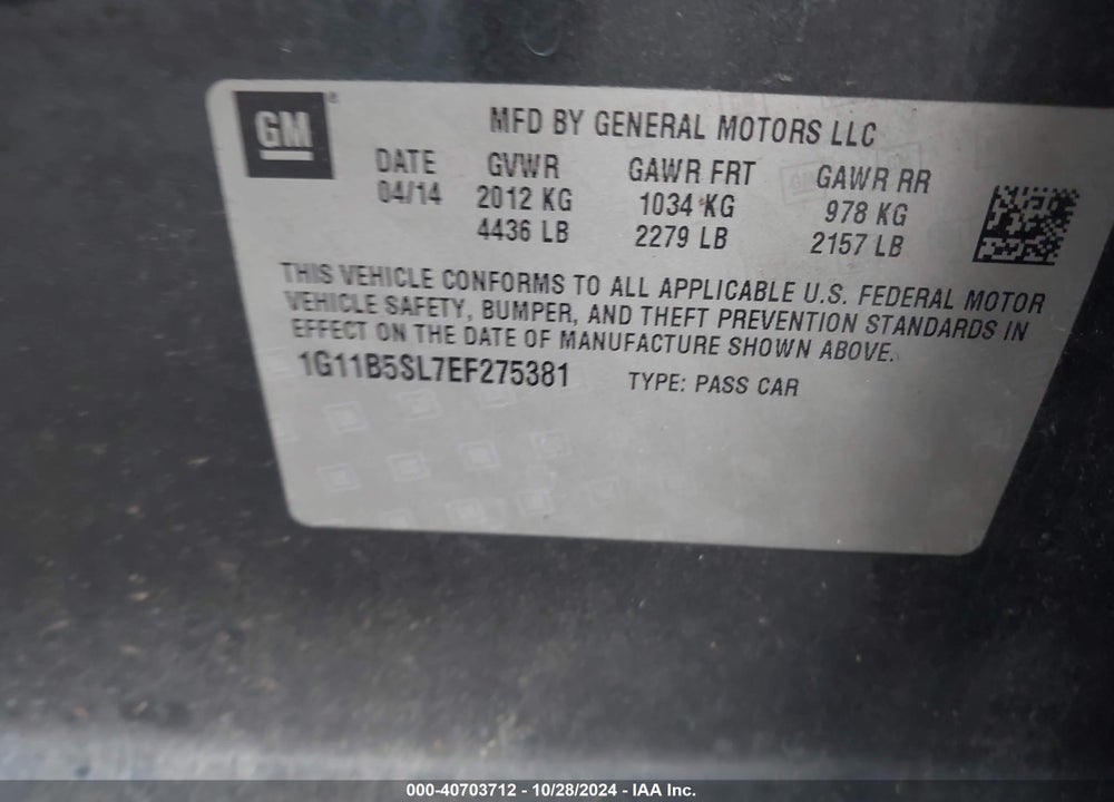 2014 CHEVROLET MALIBU VIN: 1G11B5SL7EF275381